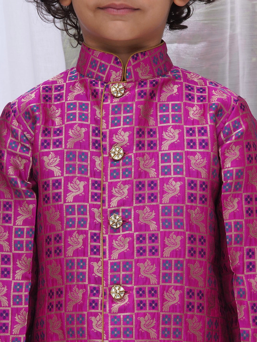 Boys Silk Brocade Full Sleeves Sherwani and Dhoti with Bird Embroidery & Kundan Buttons- Magenta | SHOBITAM