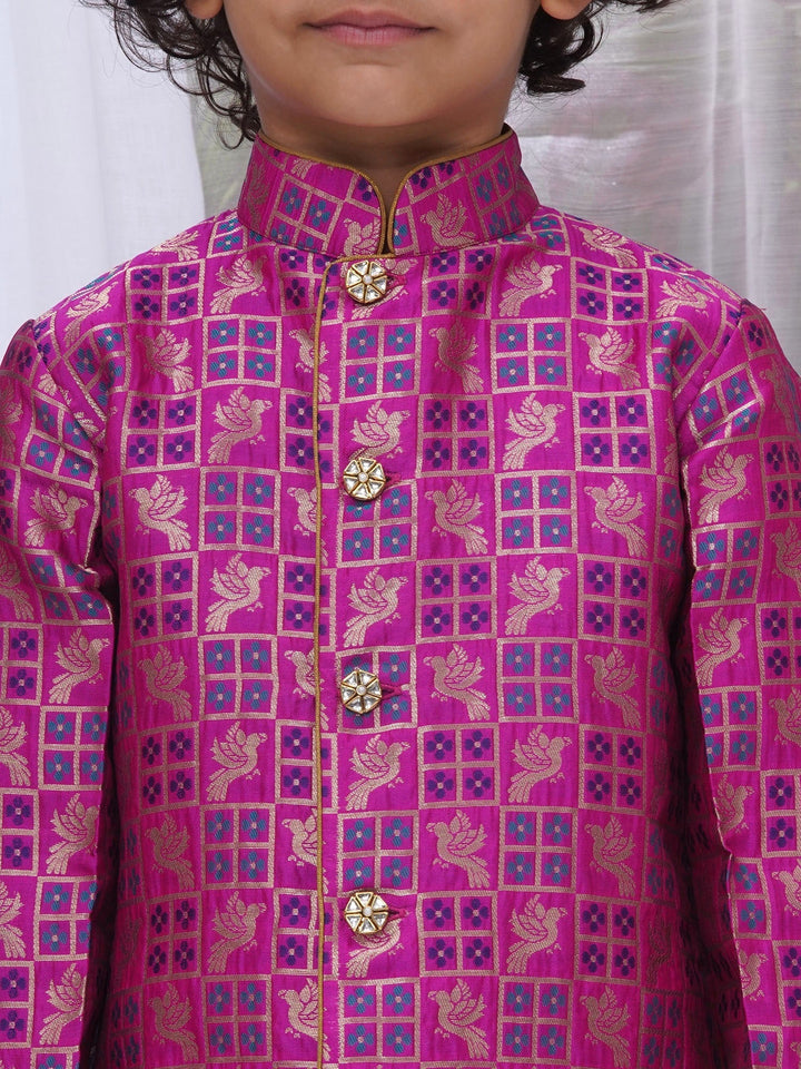 Boys Silk Brocade Full Sleeves Sherwani and Dhoti with Bird Embroidery & Kundan Buttons- Magenta | SHOBITAM