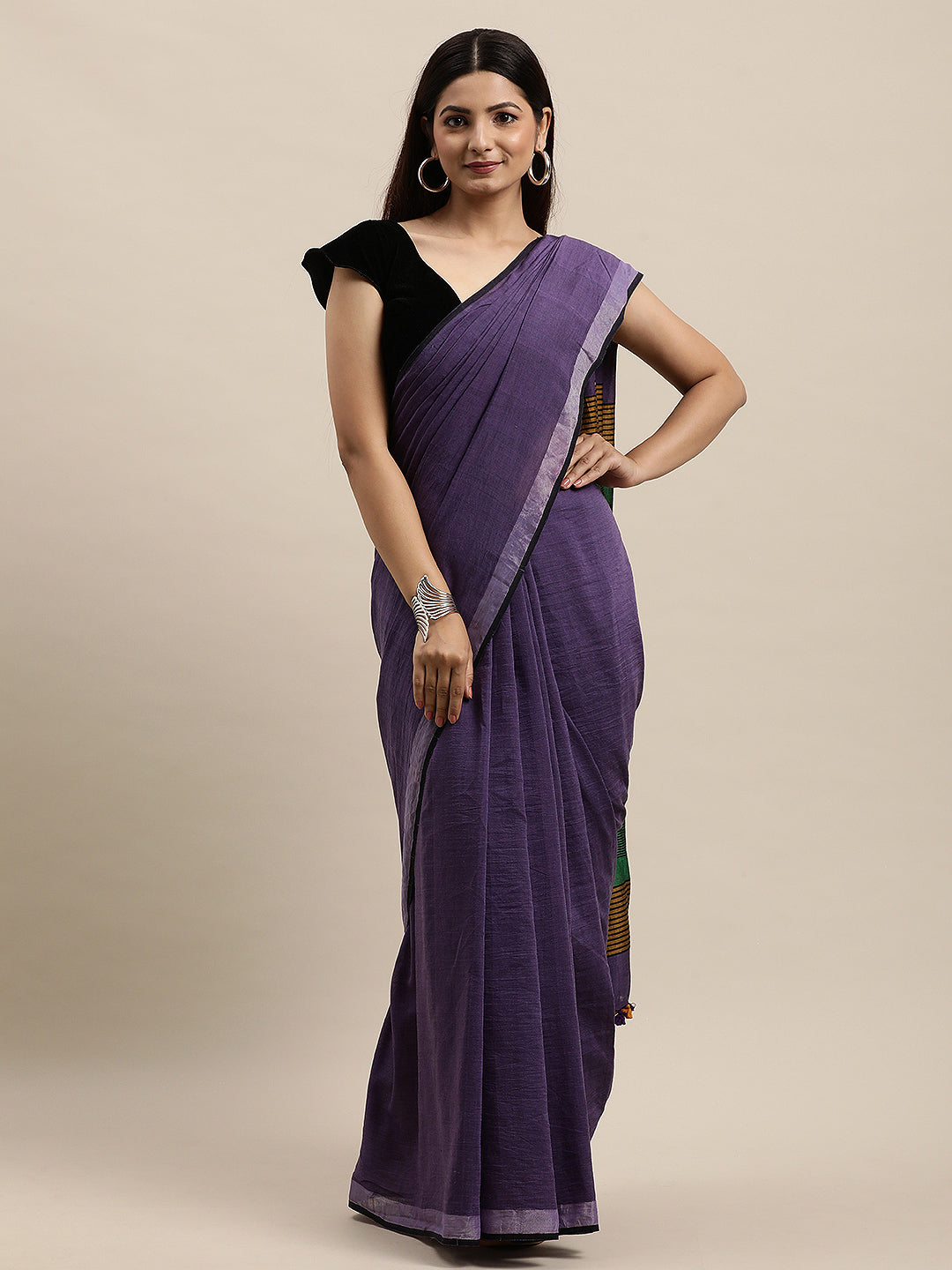 Purple Green Colour Block Cotton Saree with pompoms