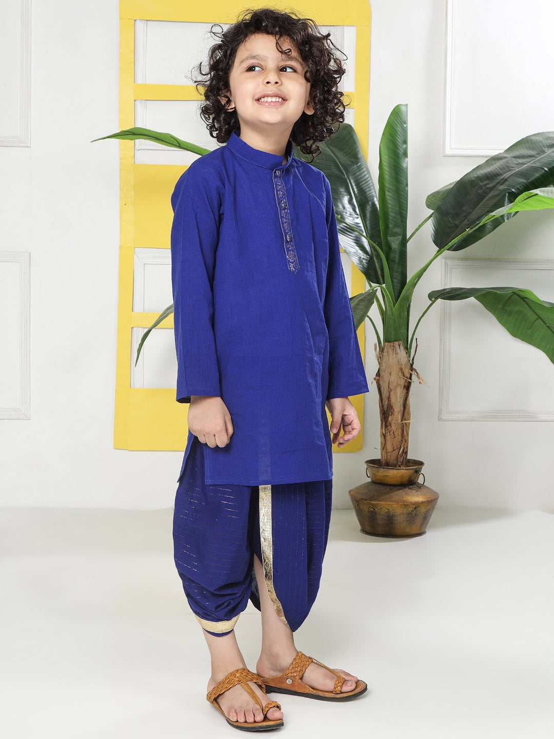 Blue Minimal Zari Embroidery Cotton Kurta Dhoti set | SHOBITAM