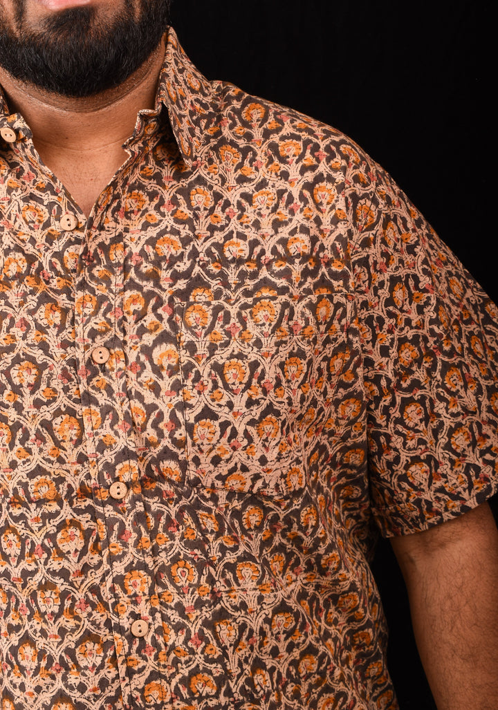Brown Black Kalamkari Handblock Printed Cotton Mens Shirt Taal