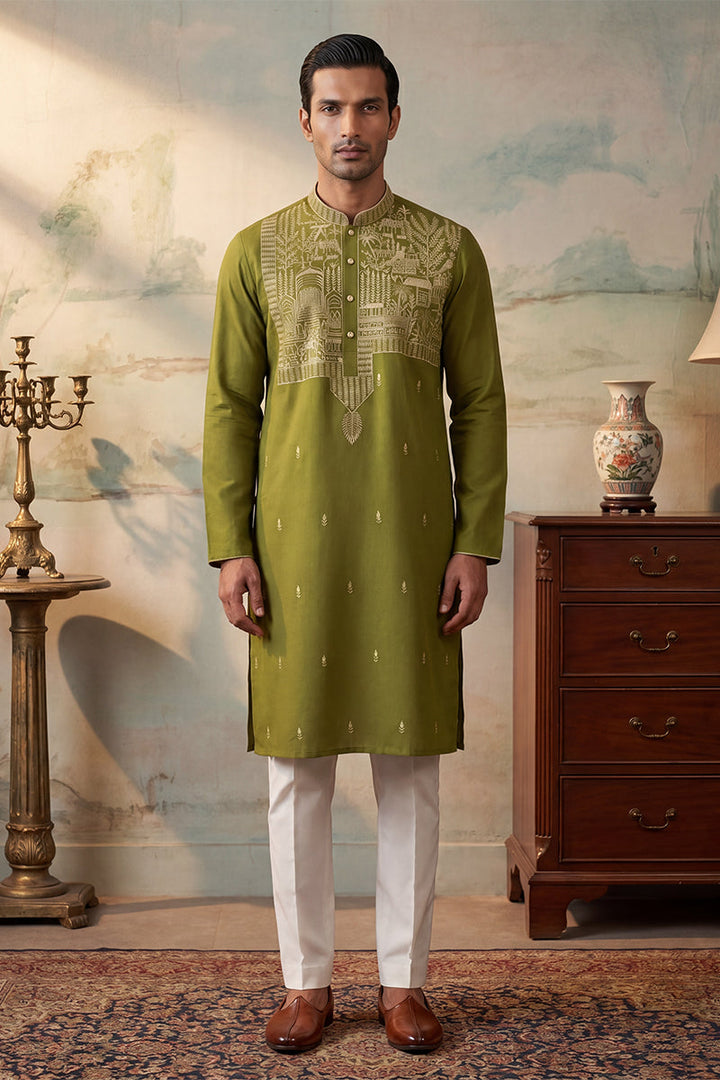 Mens Green Silk Blend Solid Emboidered Straight Kurta With Trouser | SHOBITAM