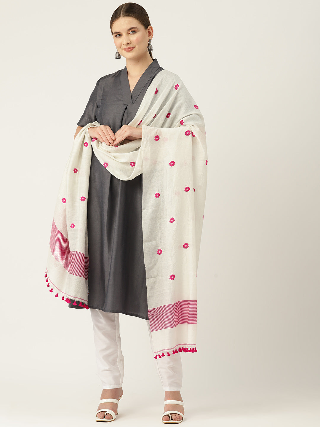 White & Pink Assamese Silk Cotton Handloom Dupatta | SHOBITAM