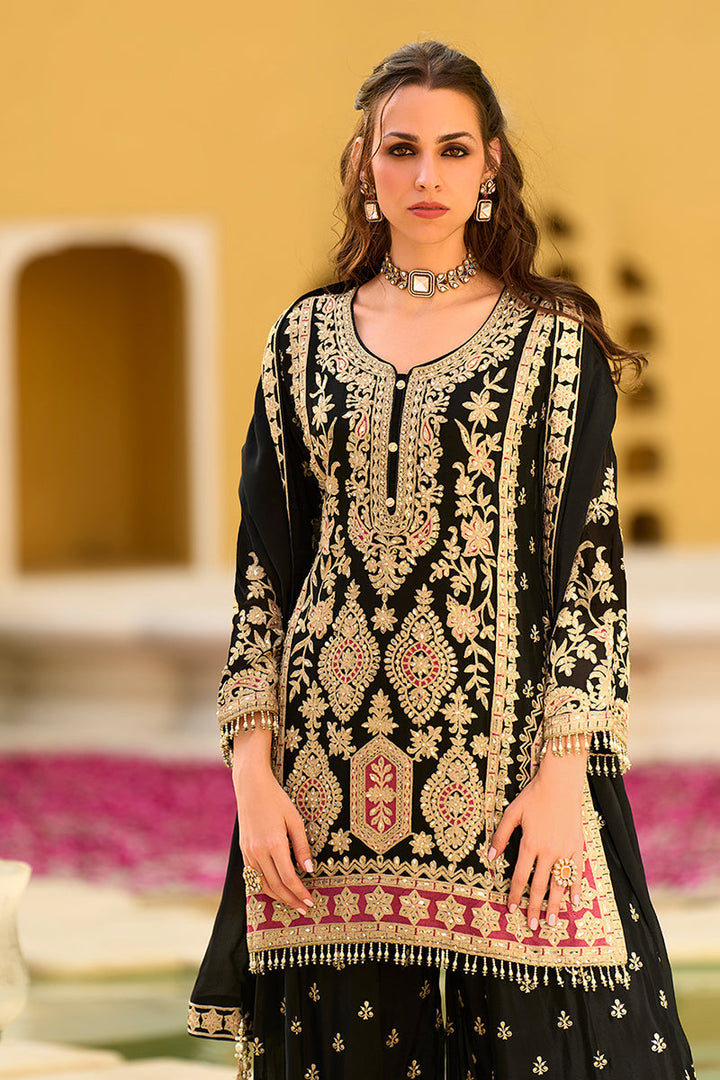 Black Chinon Chiffon Embroidered Straight Kurta Sharara with Dupatta| SHOBITAM