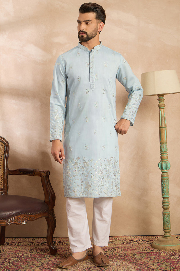 Blue Silk Blend Solid Embroidered Straight Kurta With Trouser For Men | SHOBITAM