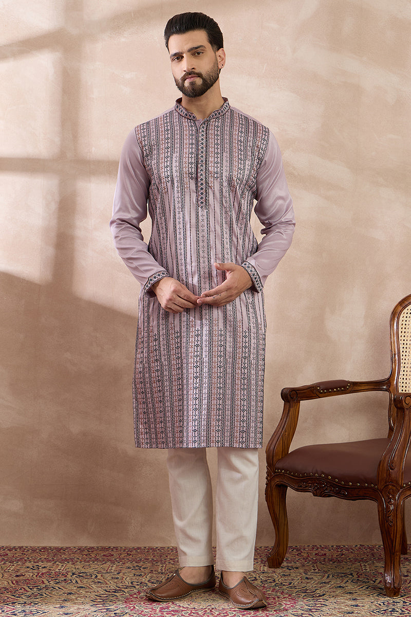 Lavender Silk Blend Embroidered Mandarin Collar Straight Kurta For Men | SHOBITAM