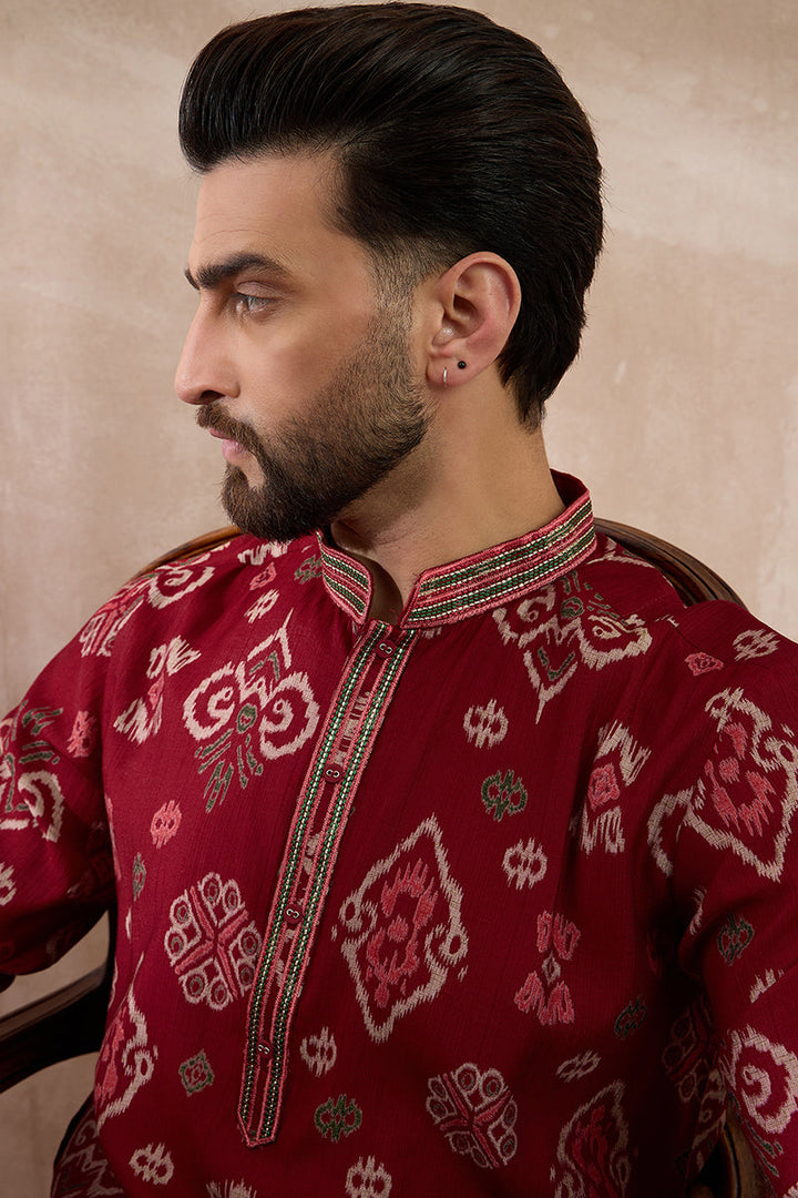 Red Silk Blend Printed Mandarin Collar Straight Kurta With Trouser | SHOBITAM