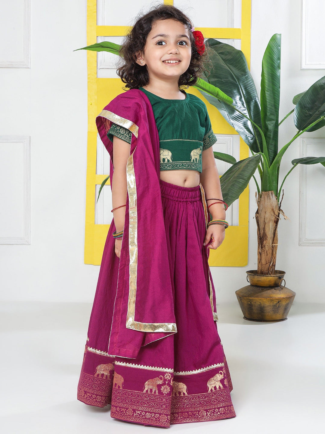 Grapevine Elephant Zari Embroidery Chanderi Cotton Lehenga with Stitched Green Blouse Set | SHOBITAM