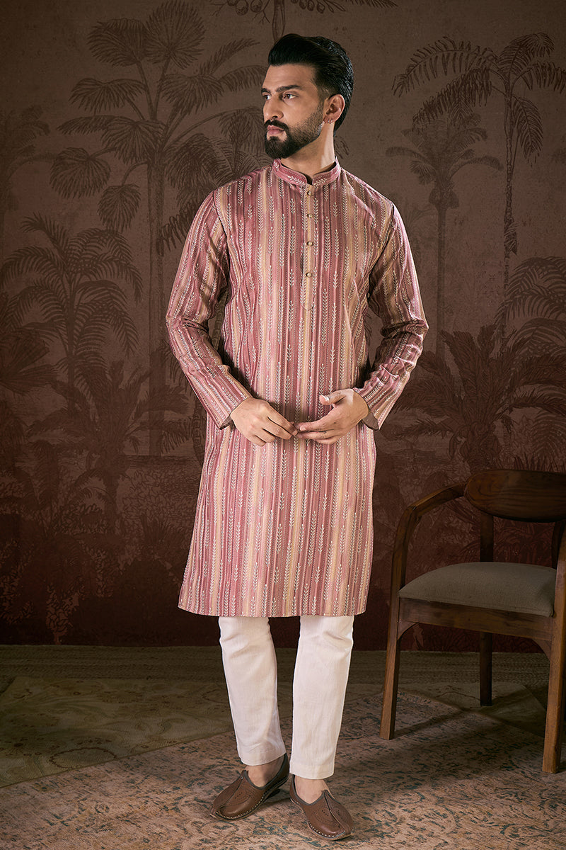 Mauve Silk Blend Floral Printed Straight Kurta For Men | SHOBITAM