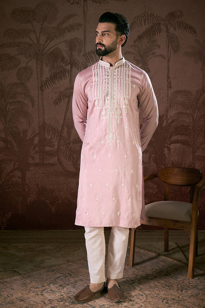 Pink Silk Blend Solid Embroidered Straight Kurta | SHOBITAM