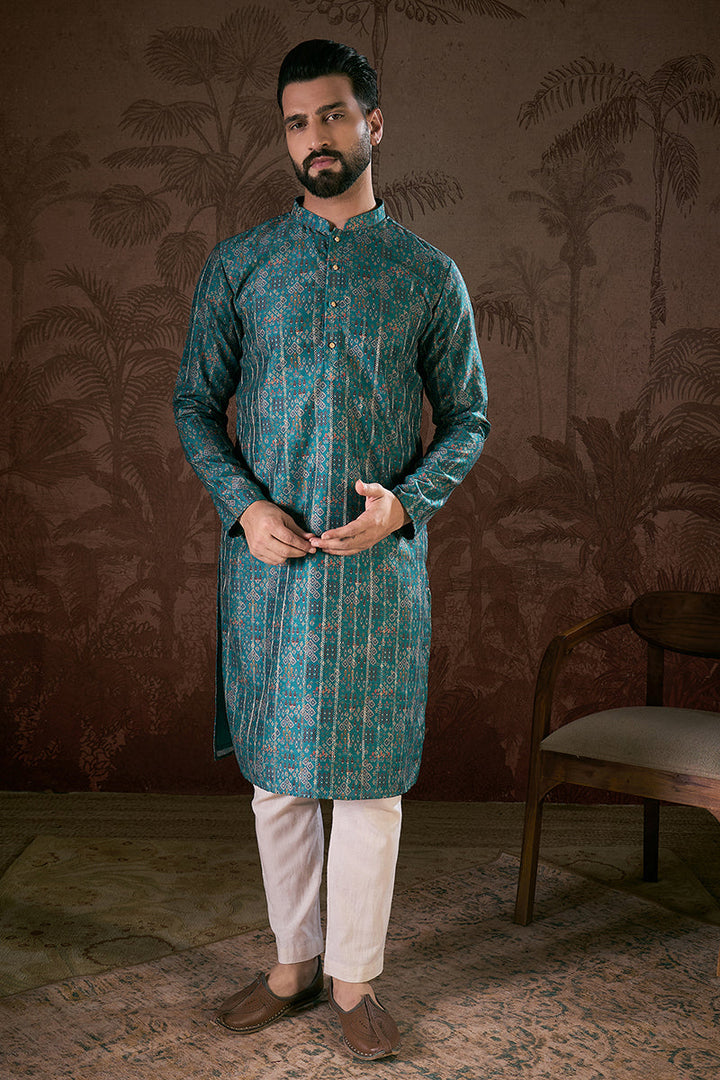Blue Silk Blend Ethnic Motifs Printed Straight Kurta For Men | SHOBITAM