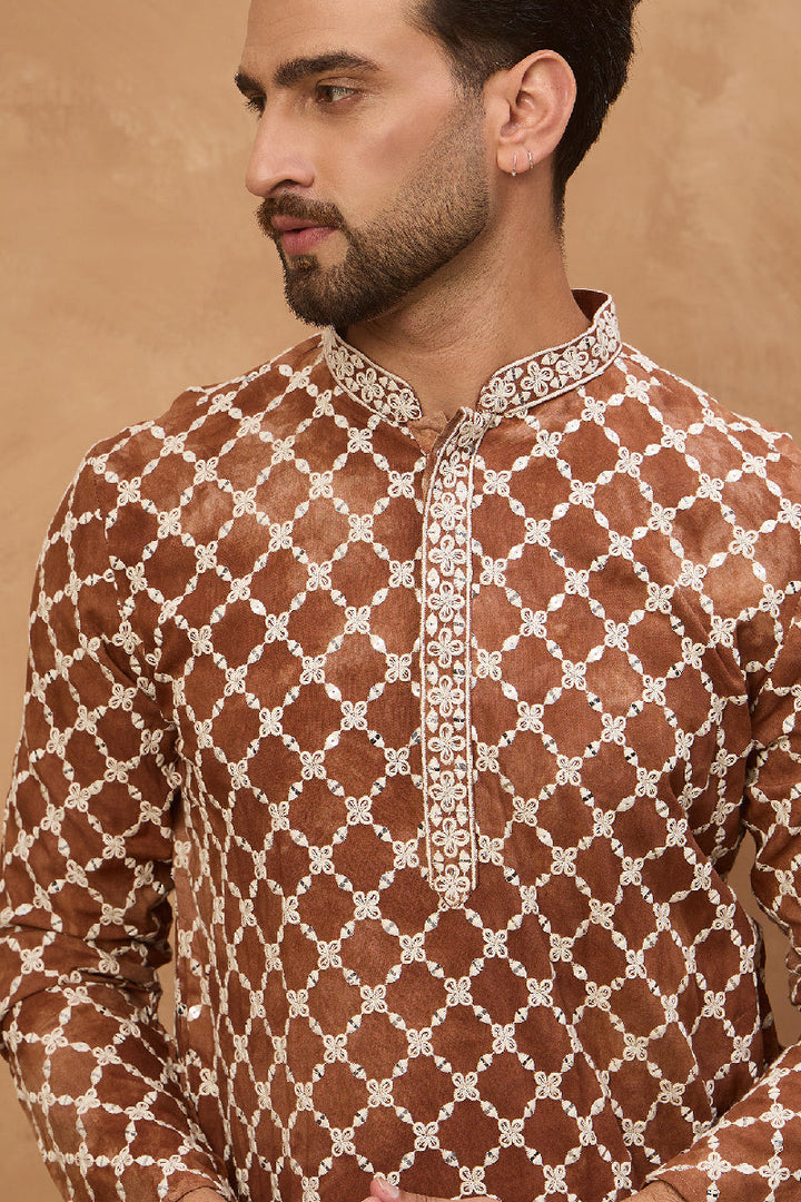Brown Viscose Rayon Solid Embroidered Straight Kurta With Pant Set | Shobitam