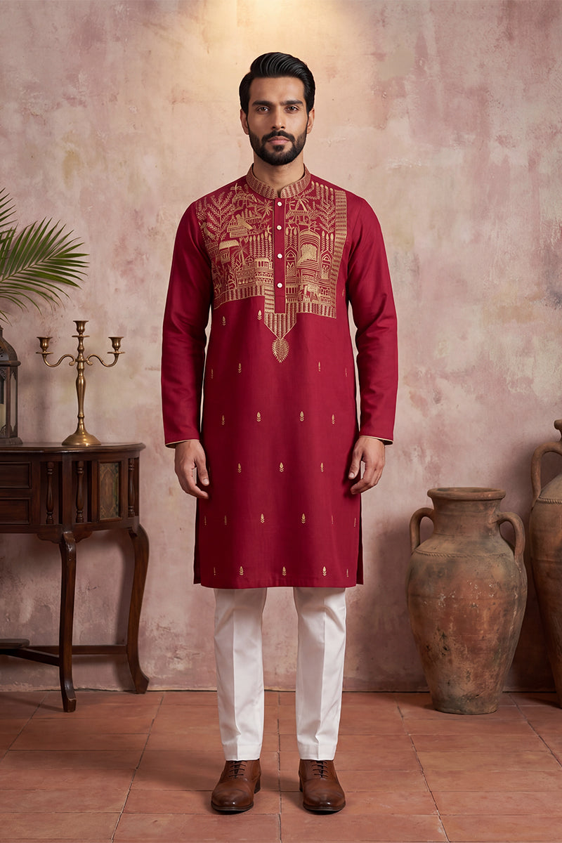 Mens Red Silk Blend Solid Emboidered Straight Kurta With Trouser | SHOBITAM