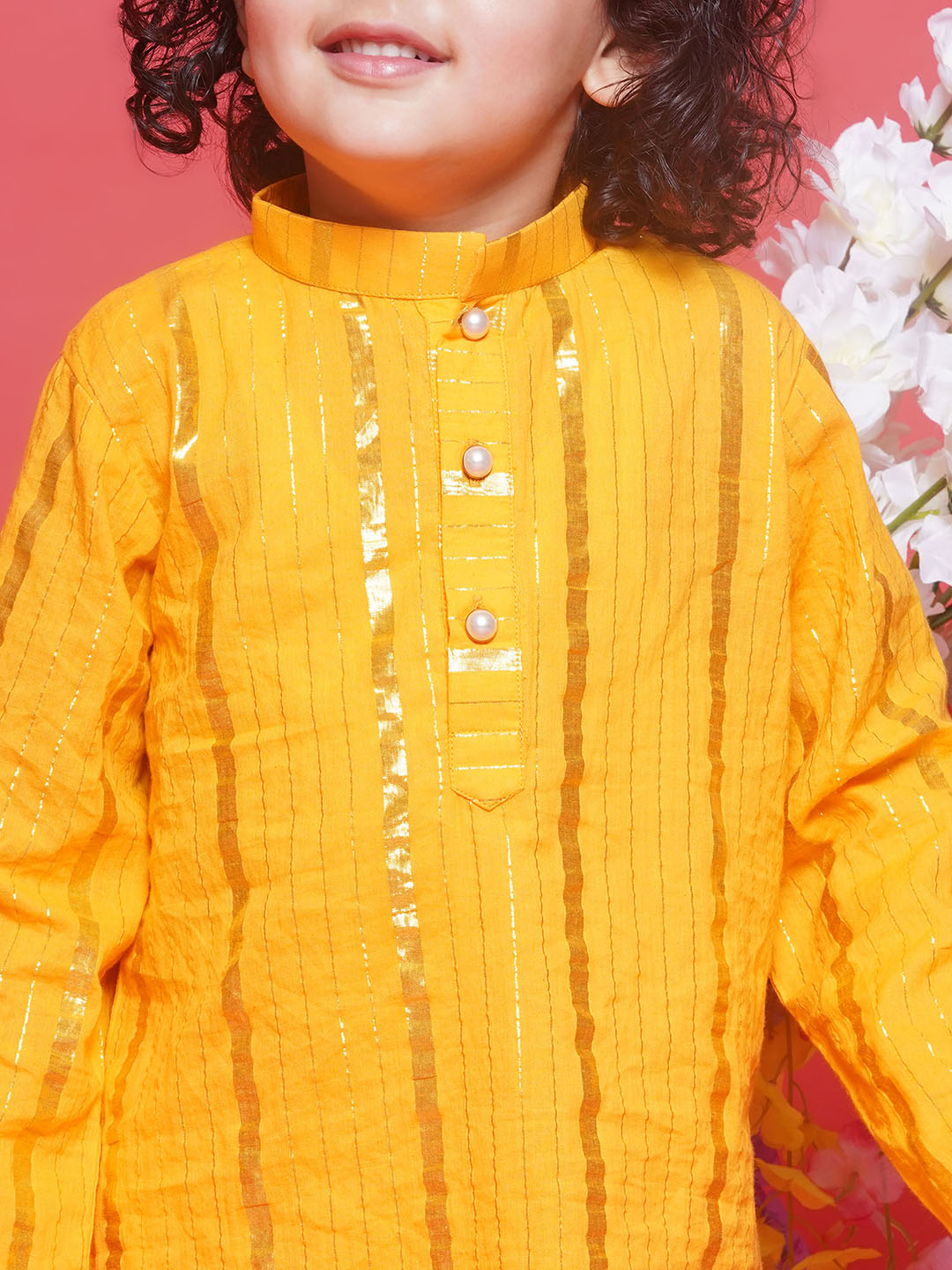 Cotton Full Sleeves Lurex Striped Kurta with Pyjama -Yellow | SHOBITAM