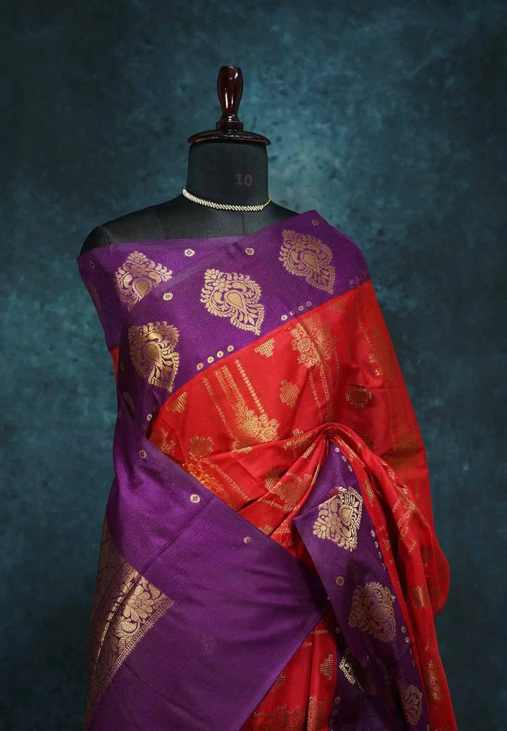 Chilli red with purple Semi Silk Banarasi saree| SHOBITAM