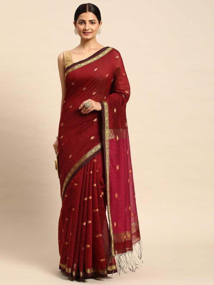 Maroon Zari Buti Silk Cotton Saree with Minimal Zari Border and Blouse piece