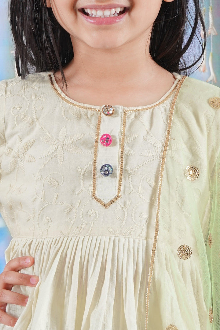 Girls Cotton Three Fourth Sleeves Kurta Sharara and Dupatta with Floral Embroidery, Kantha and Lace work with Rajasthani Lac Buttons - Seashell Cream| SHOBITAM