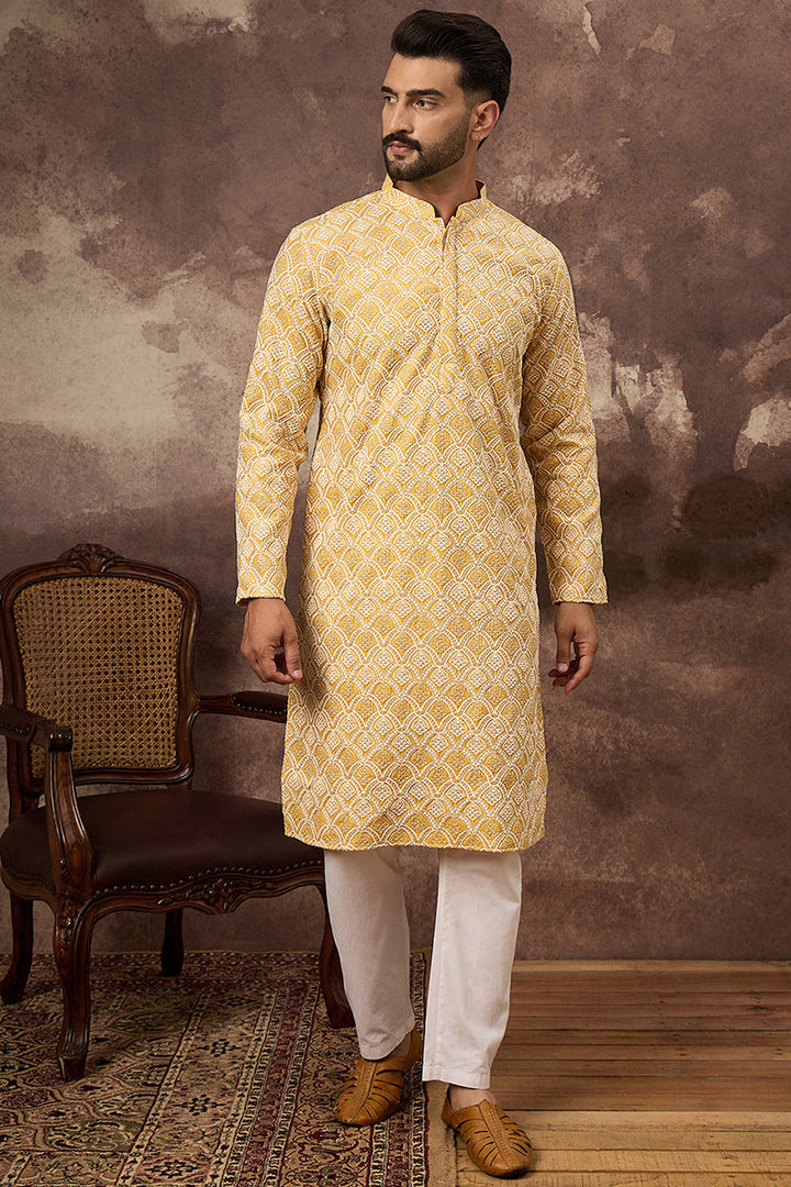 Yellow Viscose Rayon Solid Embroidered Straight Kurta with Trouser  | SHOBITAM