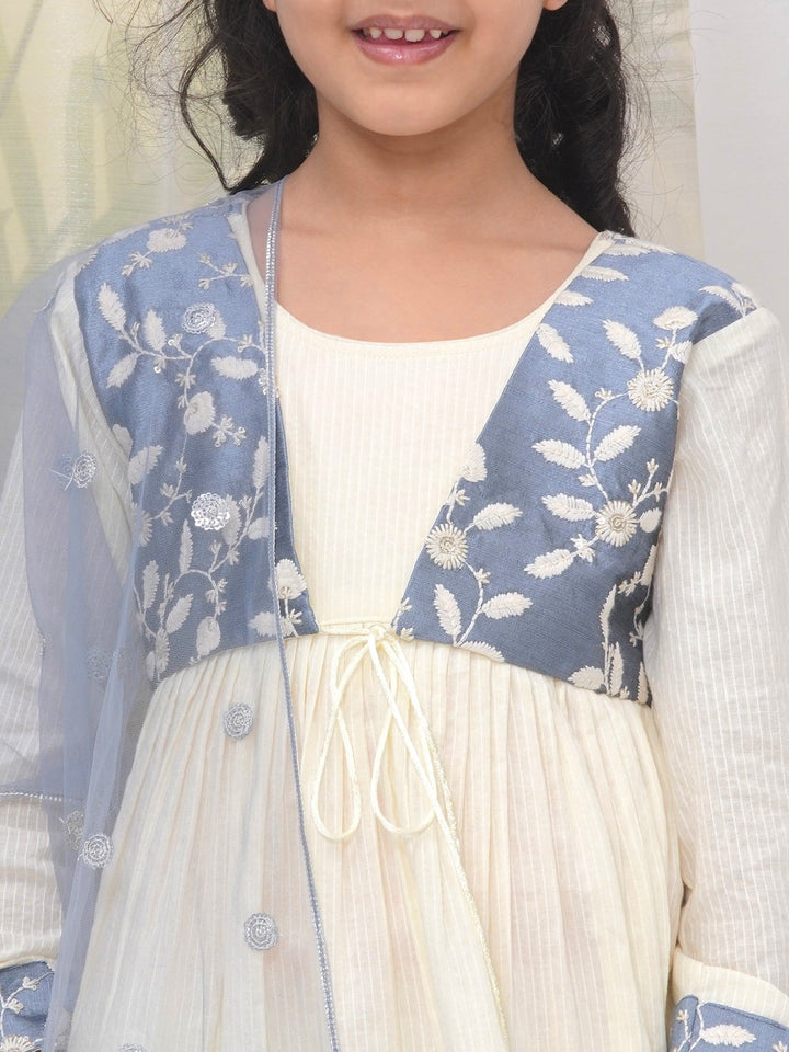 Girls Cotton Three Fourth Sleeves Frock Style Kurta with Sharara and Dupatta with Floral Thread Embroidery & Tussel Work - Cream | SHOBITAM