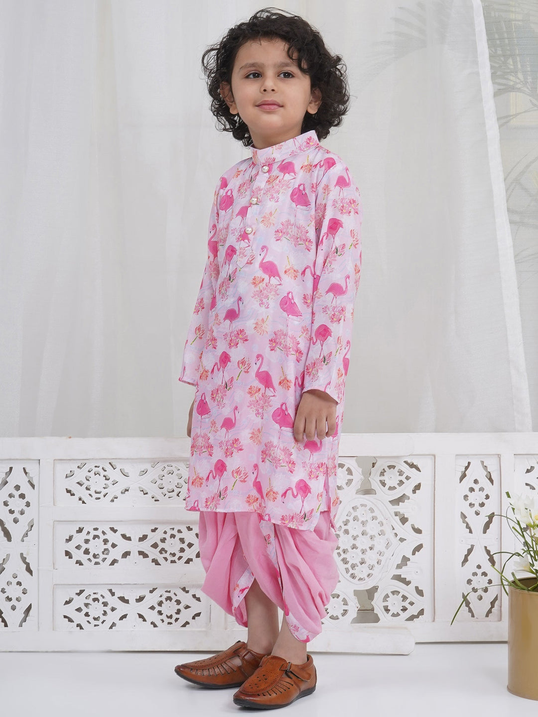 Boys Pink Muslin Flamingo Dhoti Kurta Set | SHOBITAM