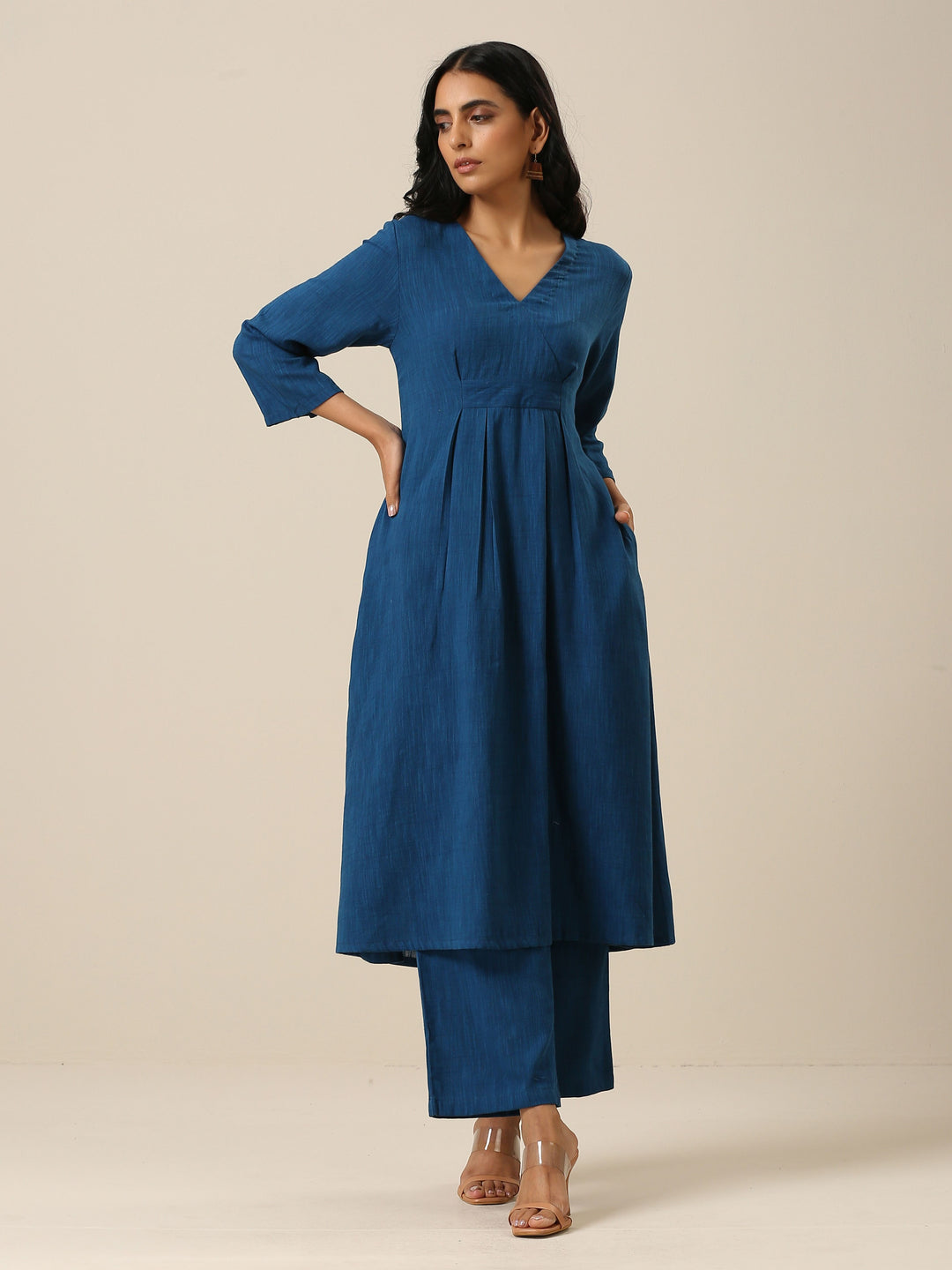 Classic Blue Slub Texture Overlap Pleat Kurta Pant Set  | SHOBITAM
