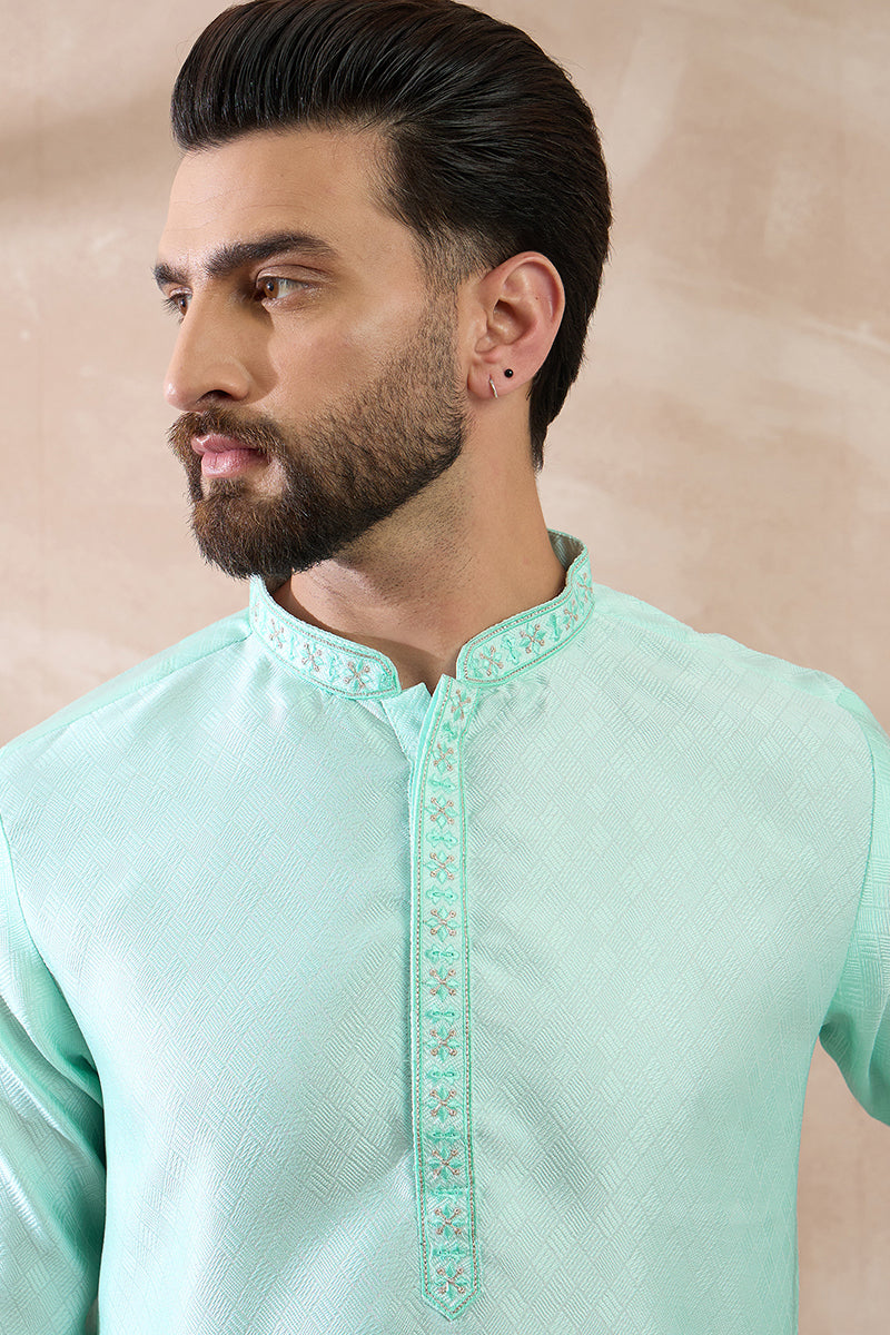 Teal Polyester Woven Design Mandarin Collar Straight Kurta With Trouser For Men | SHOBITAM