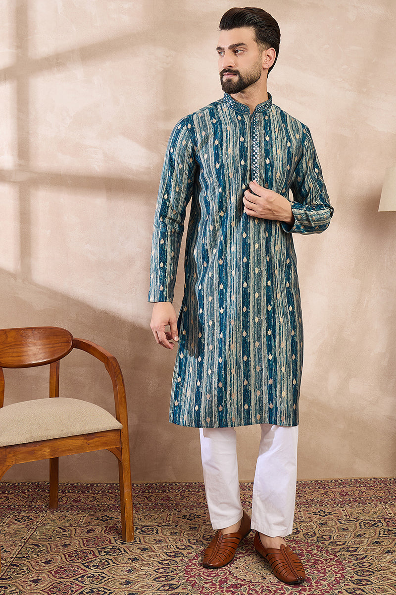 Turquoise Blue Silk Blend Abstract Printed Straight Kurta With Trouser | SHOBITAM