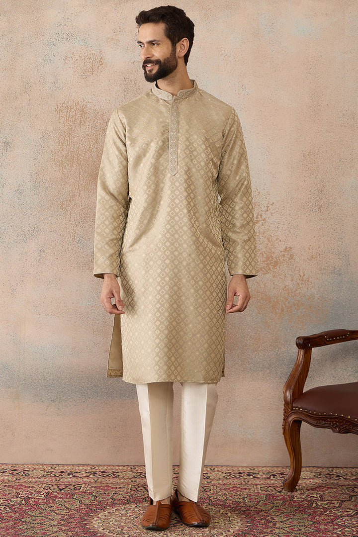 Mens Olive Jacquard Ethnic Motifs Embroidered Kurta | SHOBITAM
