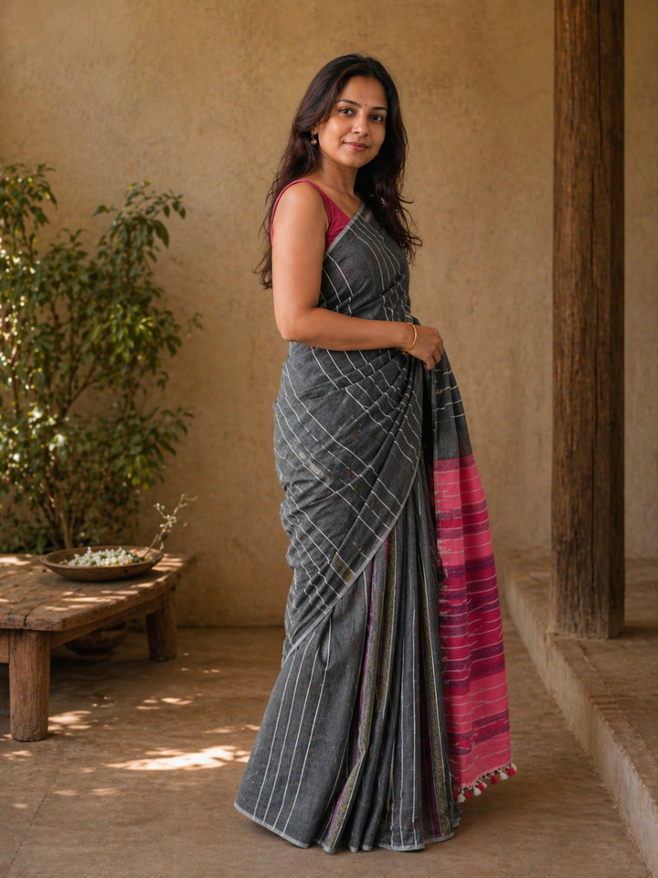 Grey Pink Striped Cotton Handloom Kantha Stitch Saree | SHOBITAM