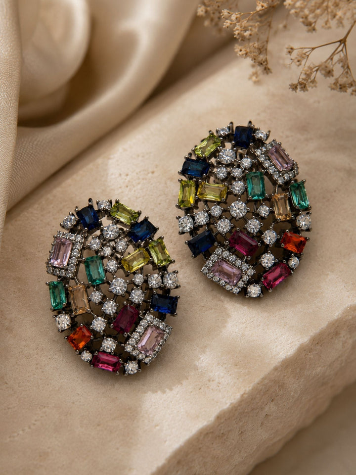Multicolor Crystal Stud Black Rhodium Earrings | SHOBITAM