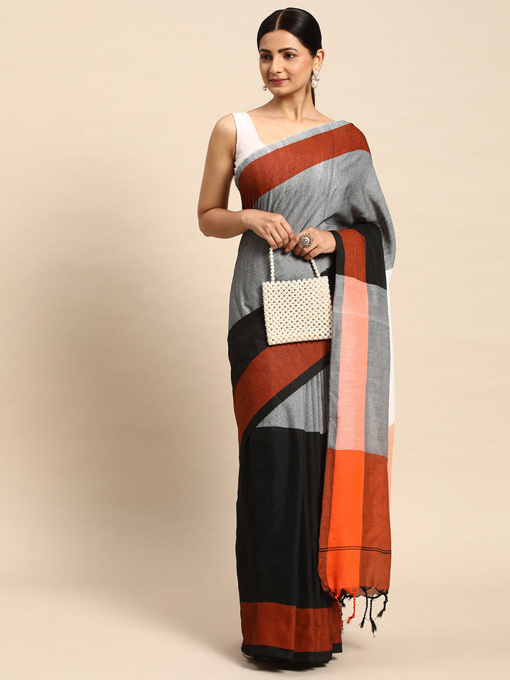 Gray Color block Pure Cotton Saree with Minimal Border and  Blouse piece