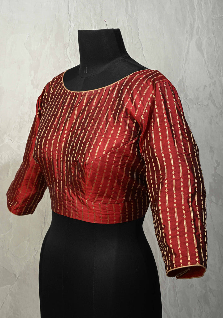 SIZE 42" Maroon Pure Silk Boat Neck Blouse with Zari Ornated Stripes and 3/4  Sleeves