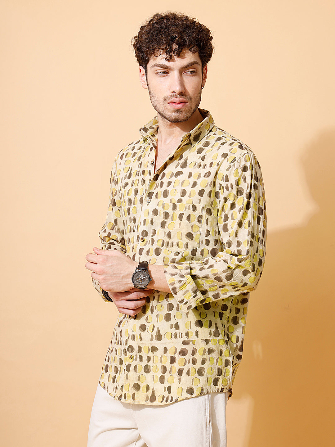 Maati Ajrakh Full Sleeve Cotton Shirt in Cream for Men