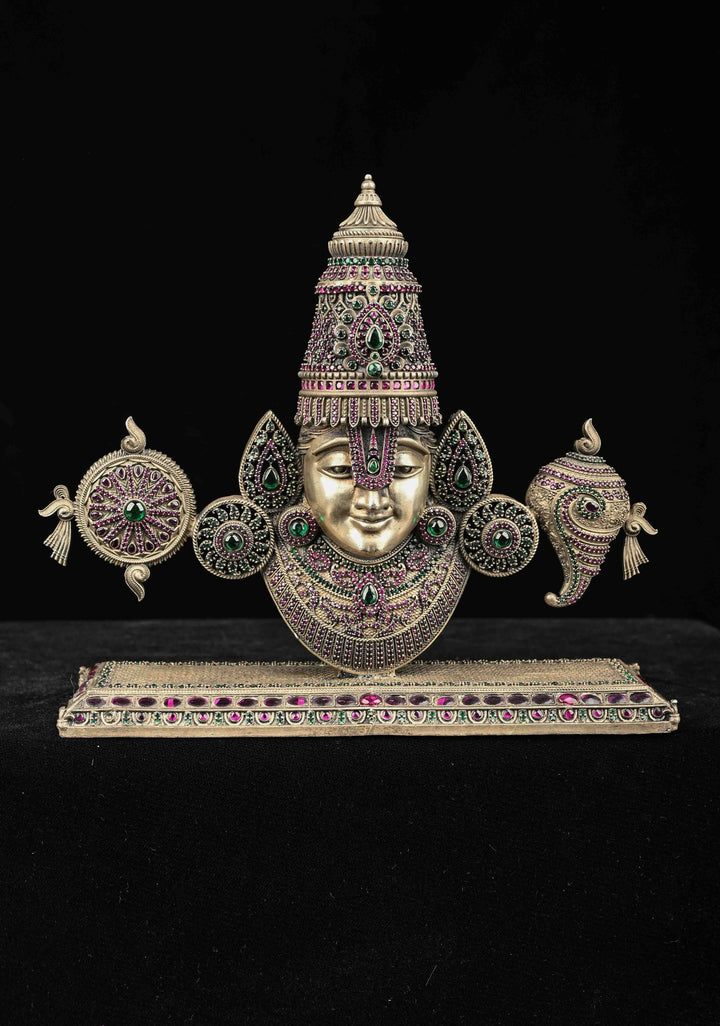 Pure 92.5 silver Tirupati idol with Antique Finish and Gemstones encrusted