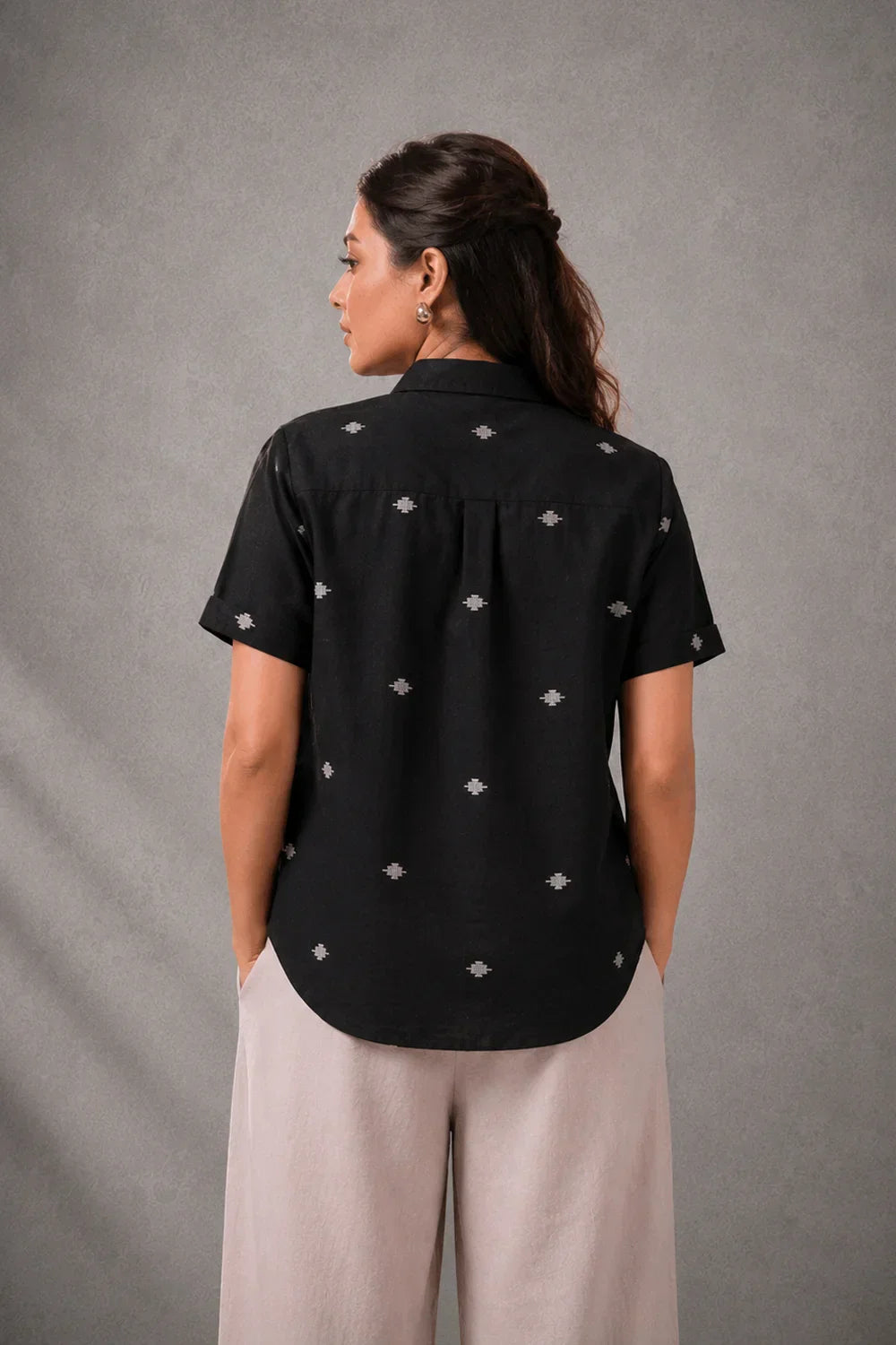 Black Yantra Motifs Jamdani Shirt | SHOBITAM