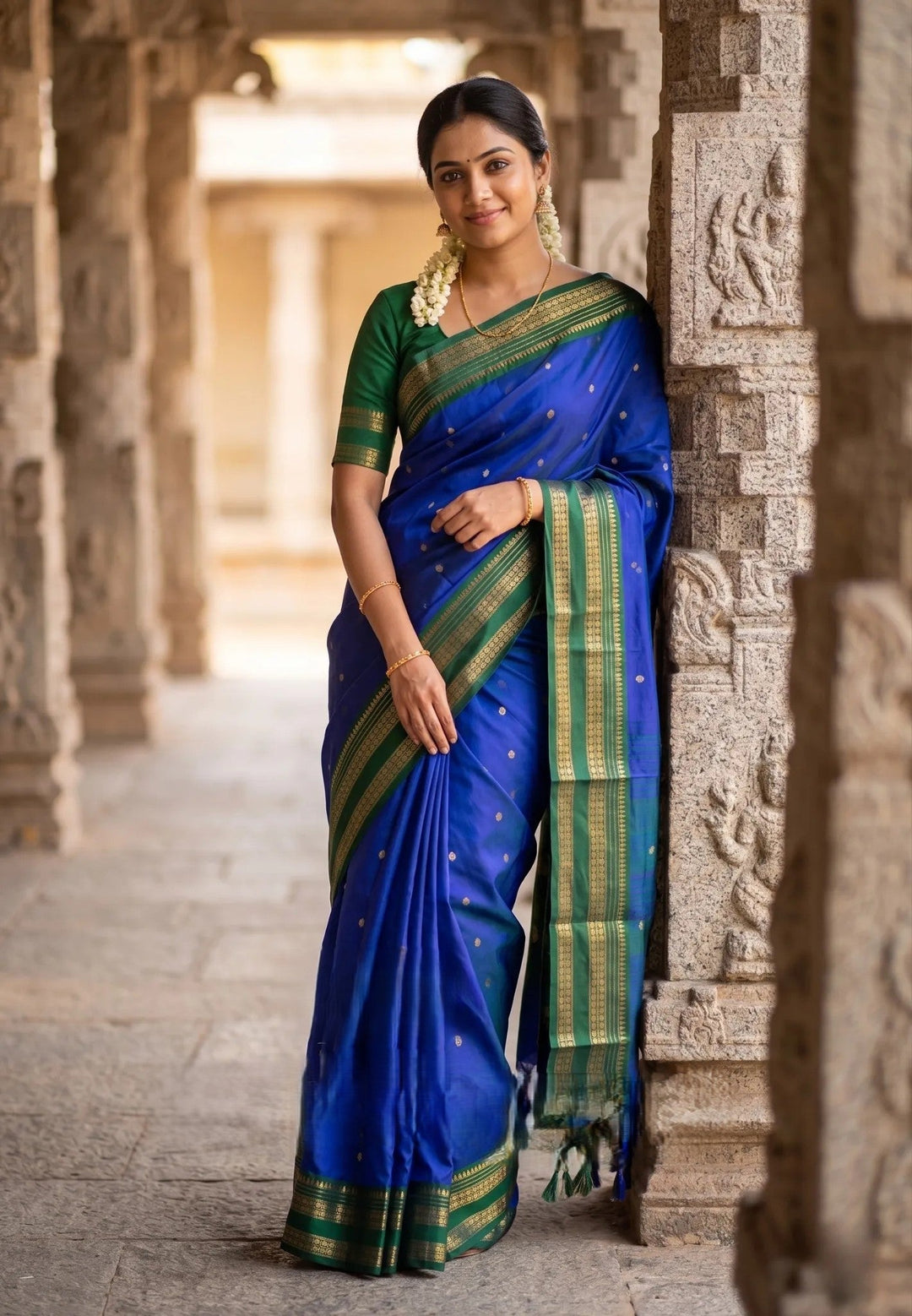 MS Blue Semi Cotton Silk Gadwal Saree with Rettapet Border with Buttas | SHOBITAM
