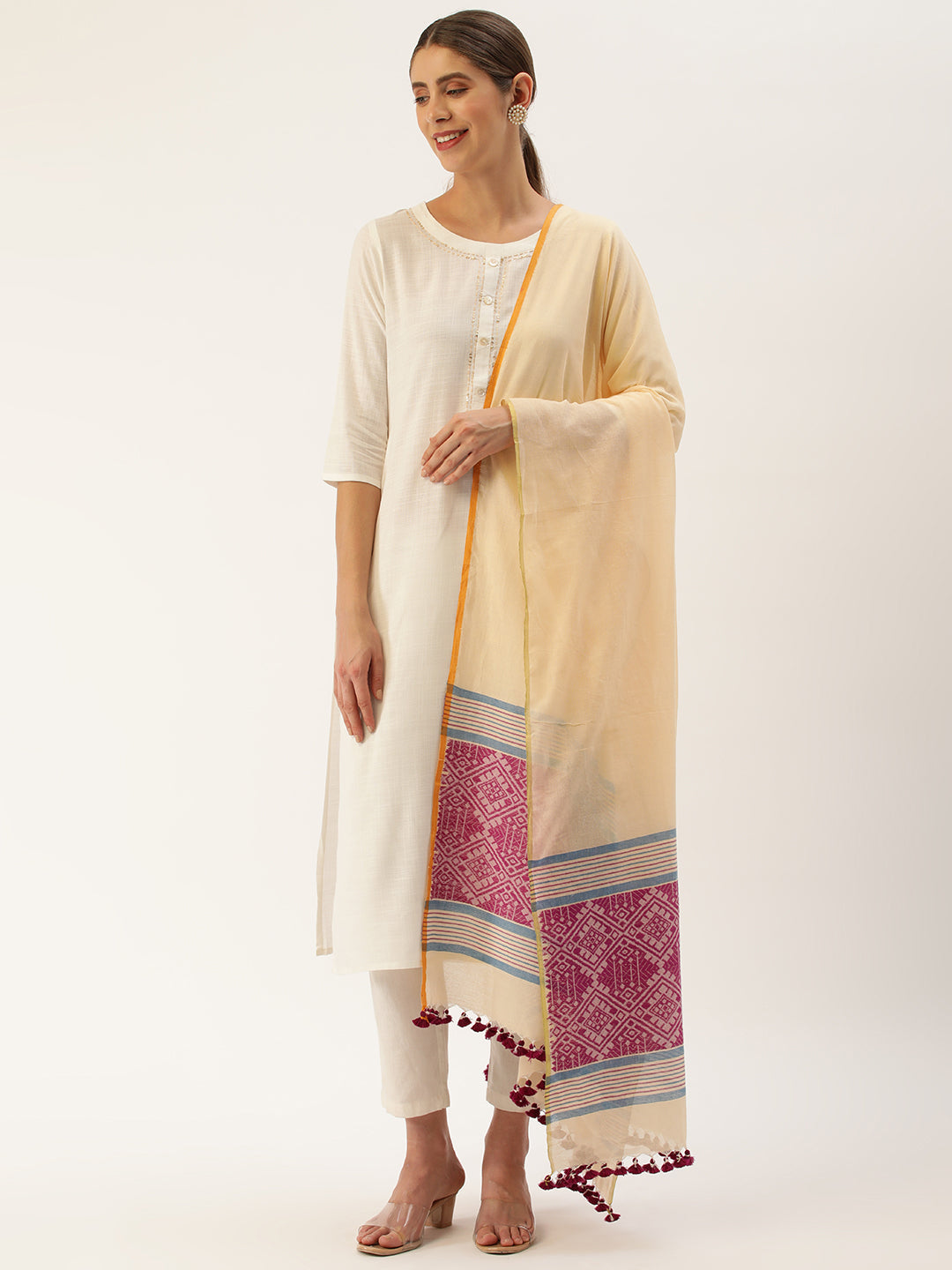 Beige and Violet Assamese Cotton Dupatta | SHOBITAM