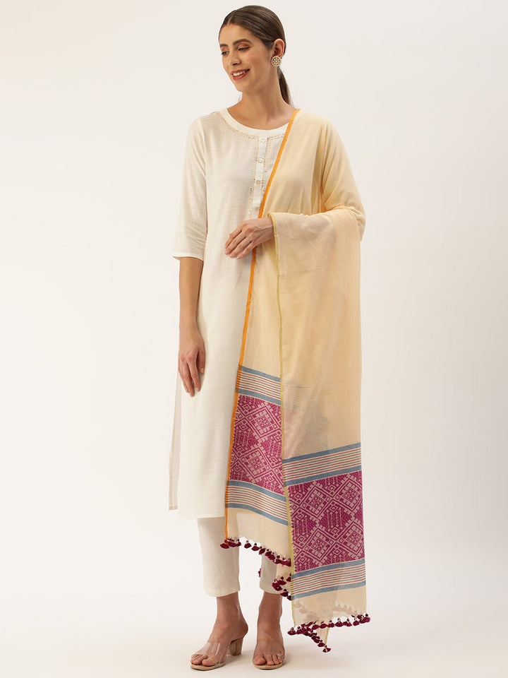 Beige and Violet Assamese Cotton Dupatta | SHOBITAM
