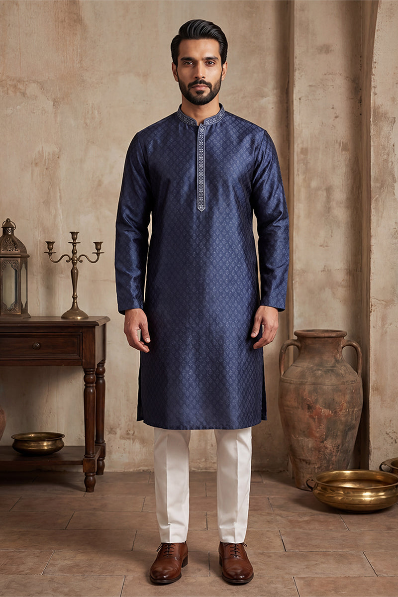 Mens Blue Jacquard Woven Design Straight Kurta With Trouser | SHOBITAM