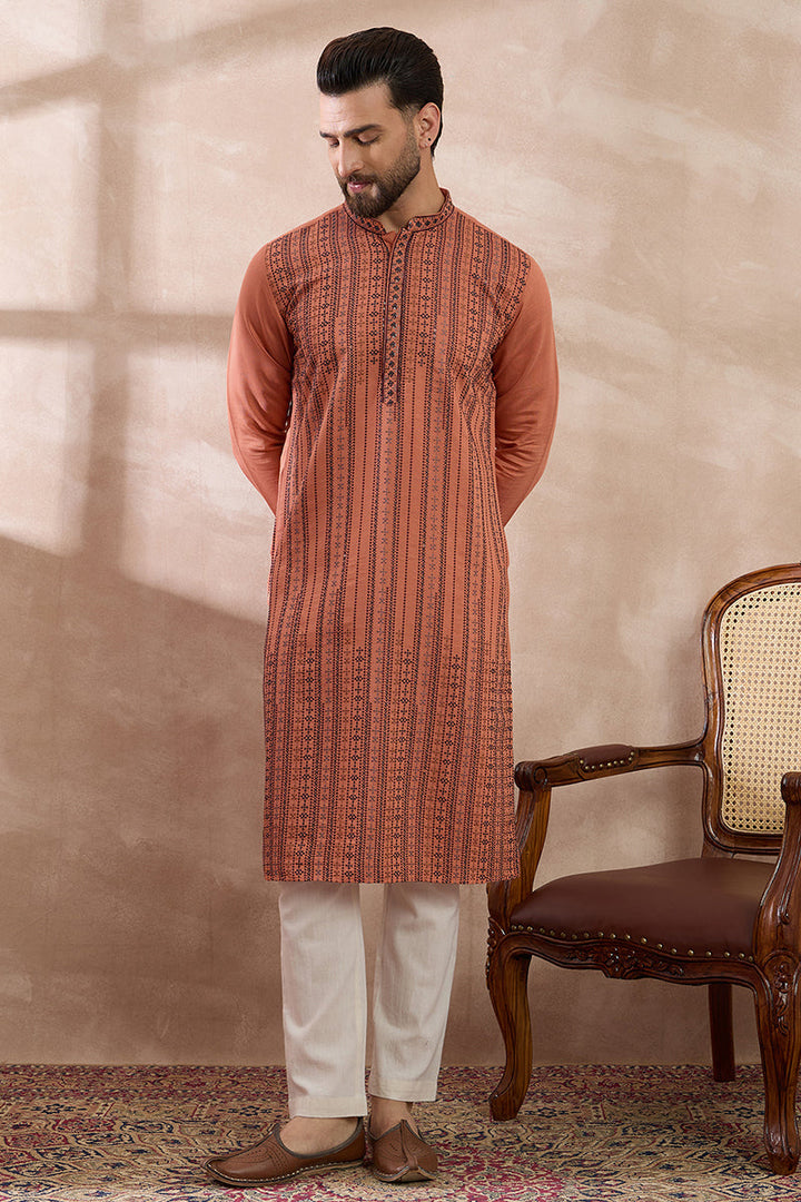 Orange Silk Blend Embroidered Mandarin Collar Straight Kurta For Men | SHOBITAM