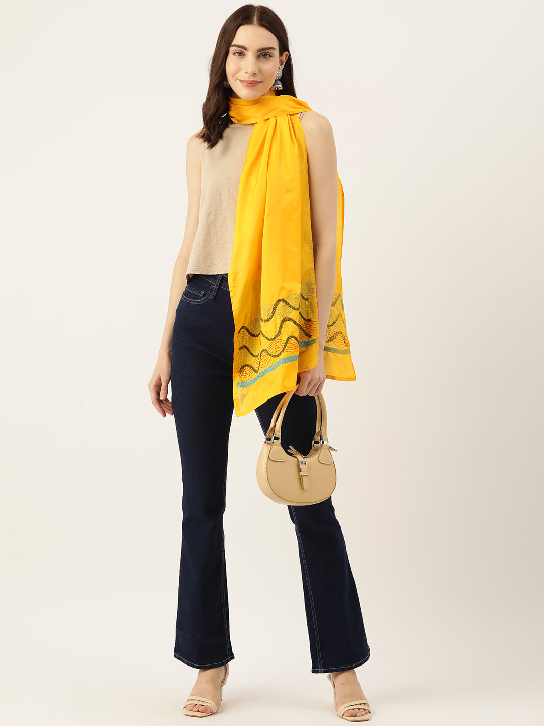 Yellow & Green Kantha Silk Stole | SHOBITAM