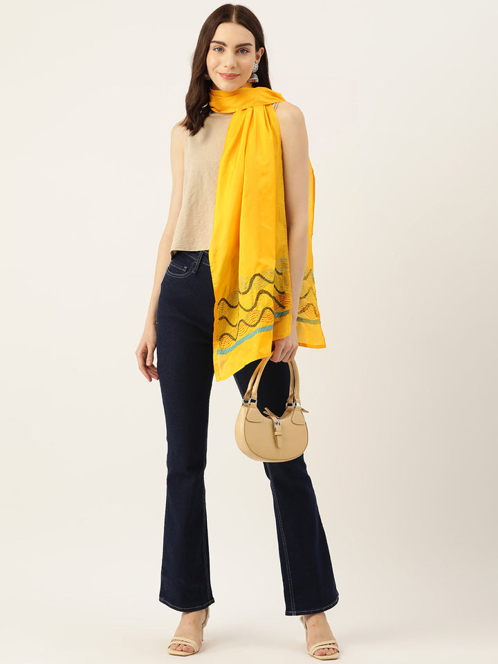 Yellow & Green Kantha Silk Stole | SHOBITAM