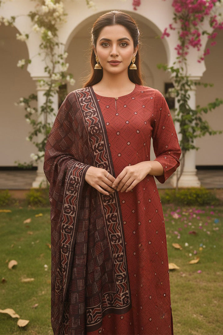 Red Cotton Blend Geometric Printed Straight Kurta Trousers With Dupatta  | SHOBITAM