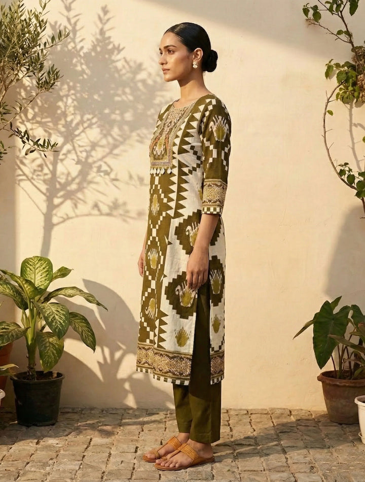 Olive Green Printed Kurta Pant Dupatta Set | SHOBITAM