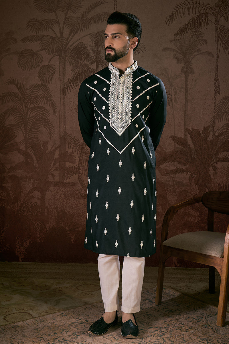 Black Silk Blend Solid Embroidered Straight Kurta With Trouser | SHOBITAM