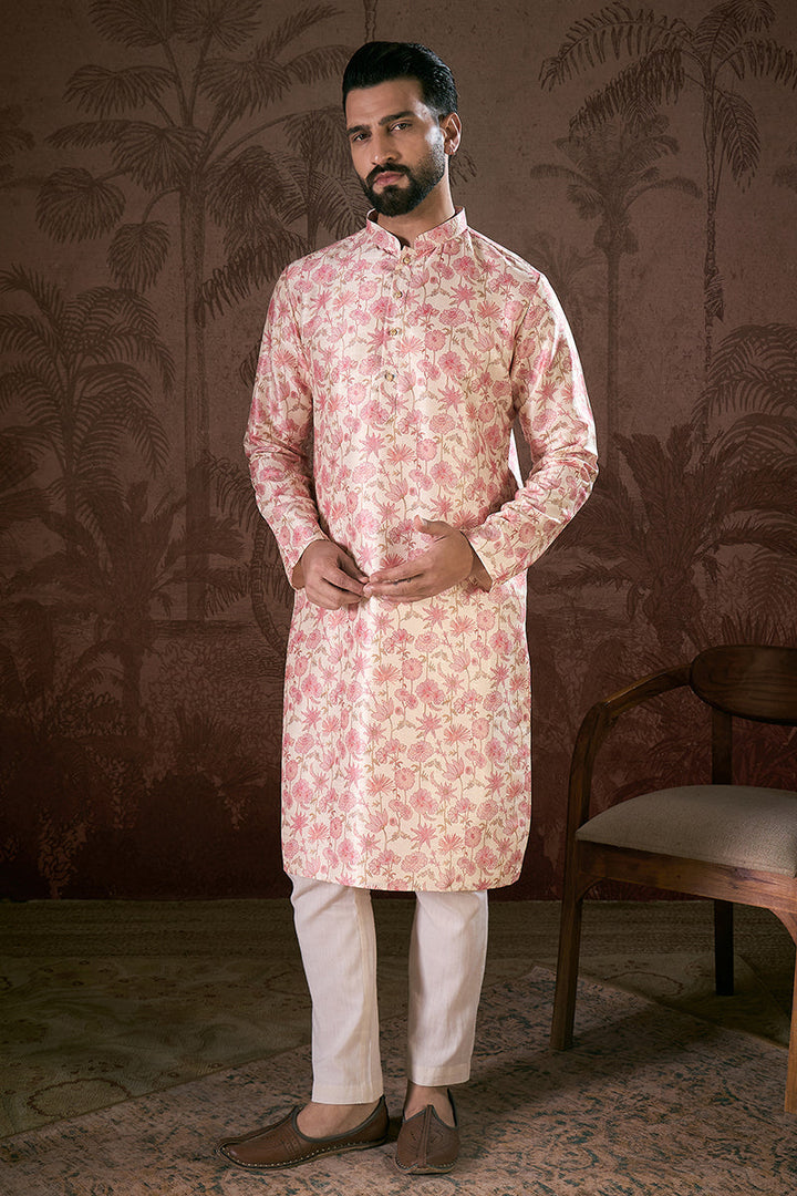 Off White Silk Blend Floral Printed Straight Kurta For Men | SHOBITAM