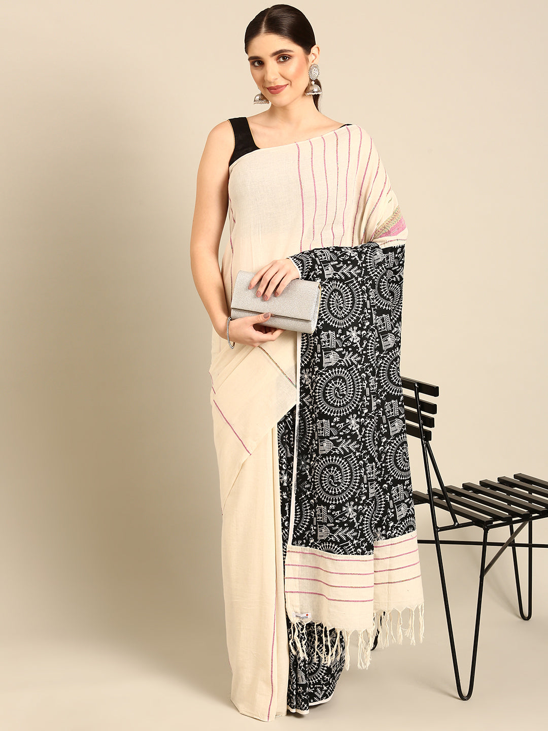 Cream Handloom Khesh Print Pure Cotton saree