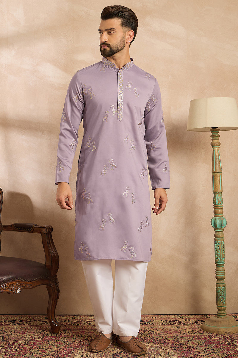 Lavender Silk Blend Solid Embroidered Straight Kurta | SHOBITAM