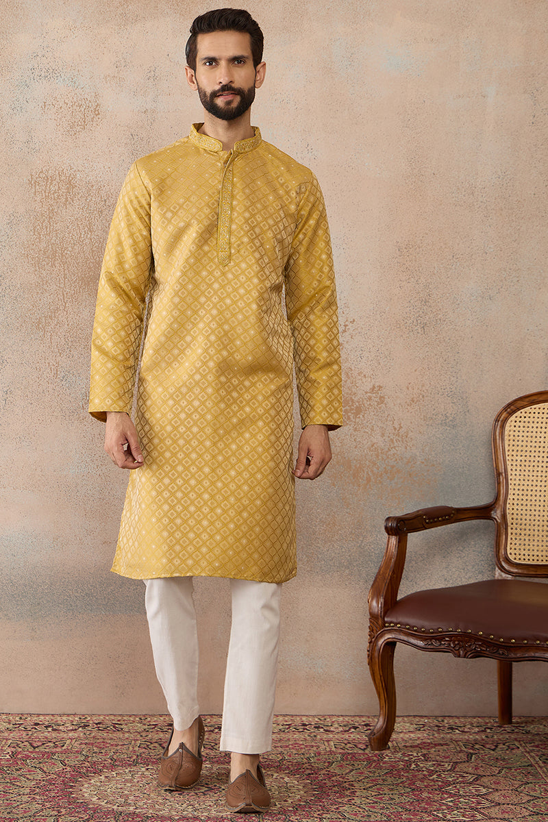 Mens Yellow Jacquard Ethnic Motifs Embroidered Kurta  | SHOBITAM