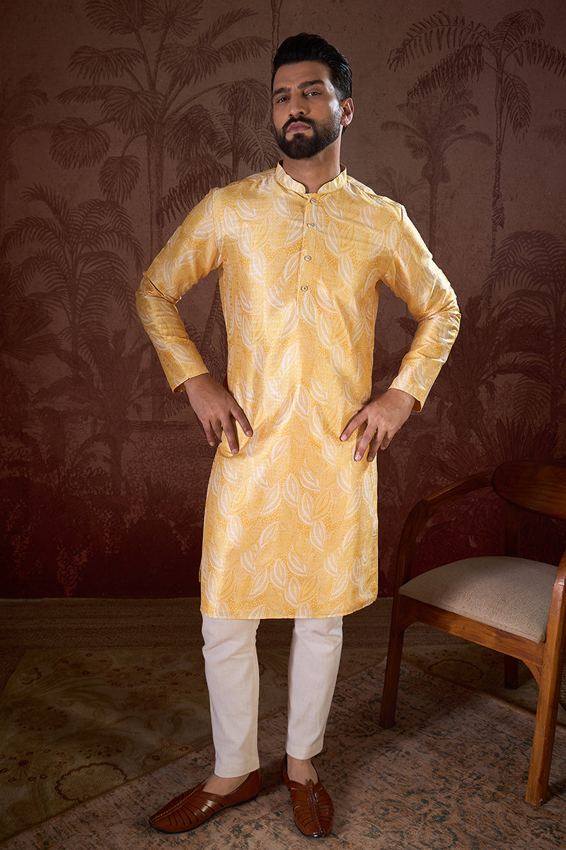 Yellow Silk Blend Floral Printed Straight Kurta With Trouser | SHOBITAM